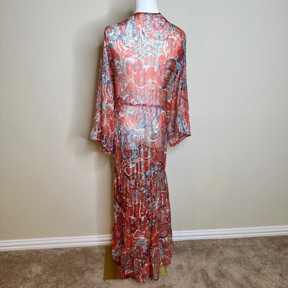 By Anthropologie Paisley Maxi Kimono Duster Metallic Sheer Red Blue One Size - Picture 5 of 9